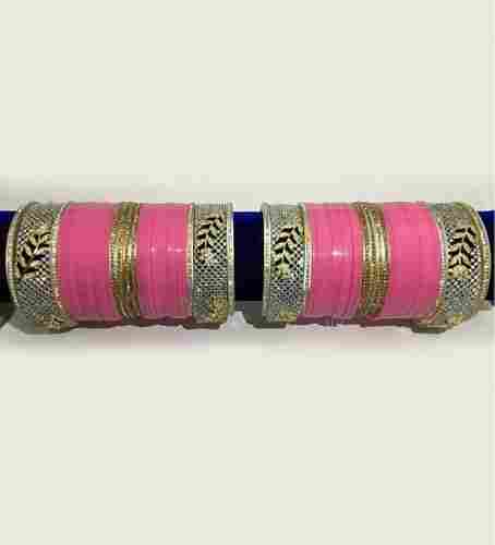 Bridal Pink Color American Diamond Chura With Bangle Kada Set