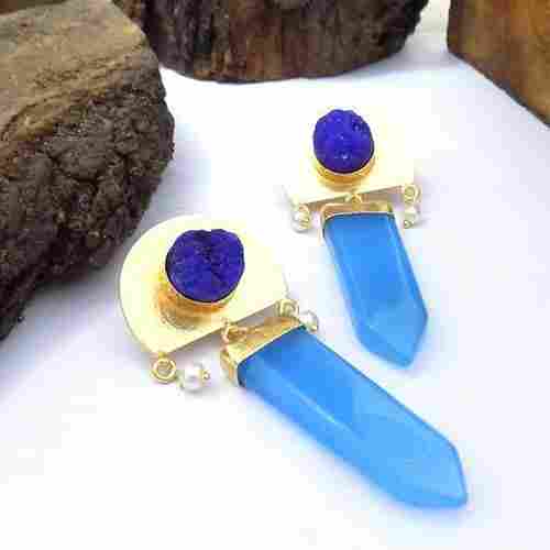 Brass Earrings With Ziricon and Blue Druzy Stone