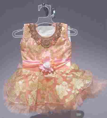Peach And Golden Coloured Frock With Embroidery