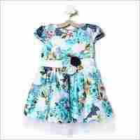 Allover Printed Blue Frock with Attached Flower