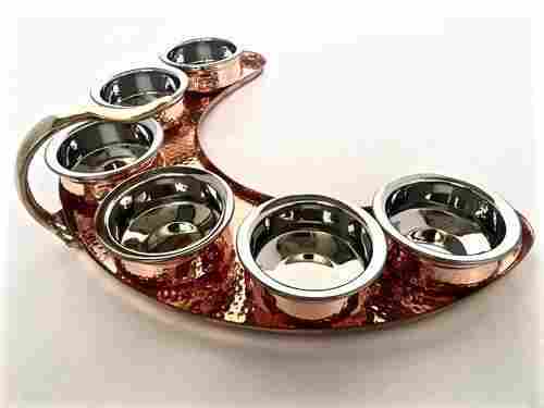 Copper Stainless Steel Serving Moon Thali With Handi Set