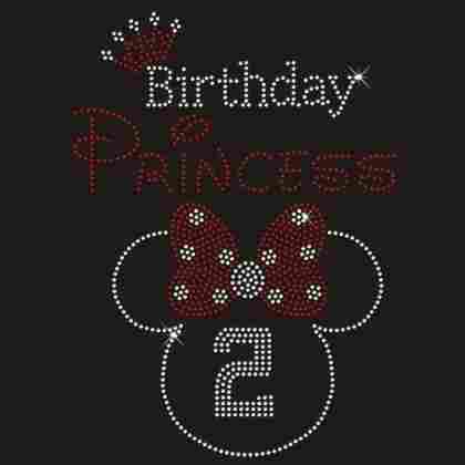 Cute "2 Birthday Princess" Hot Fix Rhinestone Motif Design