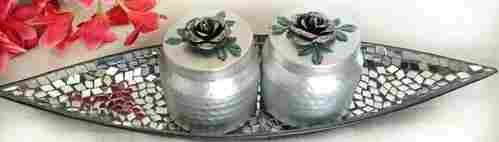 Silver Mosaic Boat Shape Platter With 2 Canisters