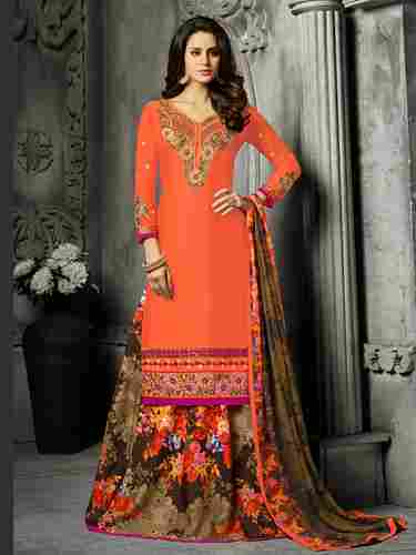 Orange Cotton Salwar Suit Embroidered Dress Material