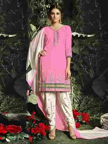 Pink Cotton Satin Embroidered Dress Material