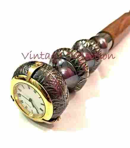 Antique Brass Twist Handle Walking Stick With Clock On Top