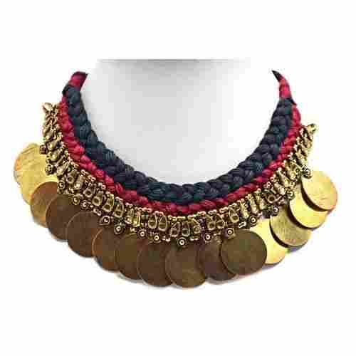 Black And Red Thread Golden Coin Antique Necklace