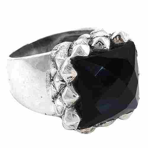 925 Sterling Silver Black Onyx Checkerboard Cut Ring