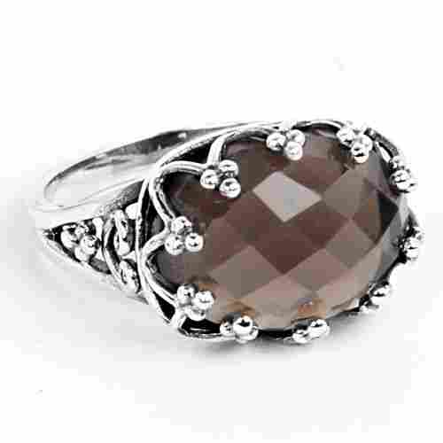 925 Sterling Silver Checker Cut Smoky Quartz Gemstone Ring