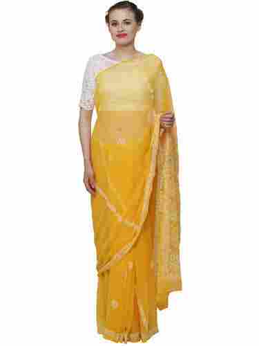 Yellow Chikankari Saree For Ladies