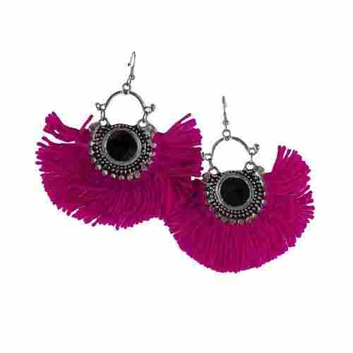 Silver Oxidized Pink Boho Gypsy Collection Tribal Jaipur Jewels Designer Fusion Moonshape Chandbali Thread Afghani Earring