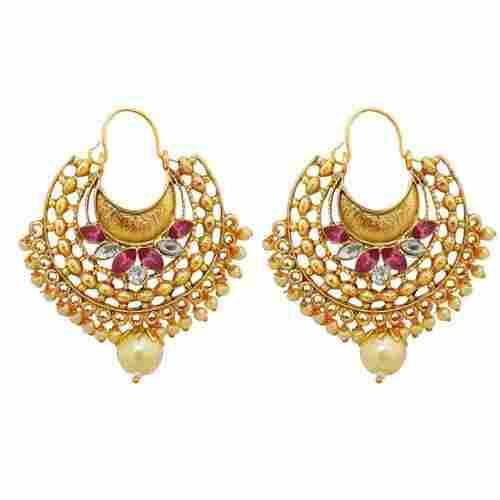 Traditional Gold Plated Floral Hoop Earrings (Pink)