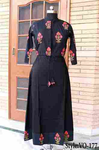 Black Straight Long Dress Kurti With Printed Jacket