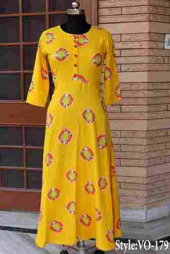 Yellow Straight Rayon Printed Long Dress