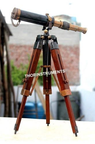 Authentic Model Nautical Table Telescope Brown Wooden Stand