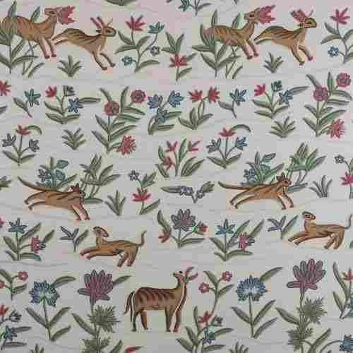 Animal Hand Embroidered Floral Cotton Crewel Fabric