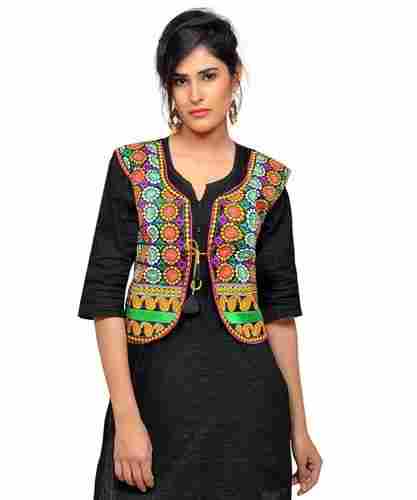 Chakkar -Women's Dupion Silk Kutchi Embroidered Sleeveless Waist Length Jacket