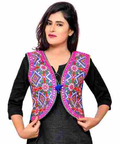 Phulwali-Women's Cotton Blend Kutchi Embroidered Sleeveless Short Jacket