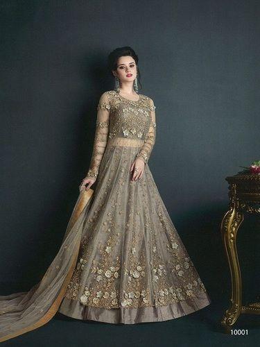 Embroidered Net And Abaya Style Lehenga Suit In Mehendi Green Decoration Material: Stones