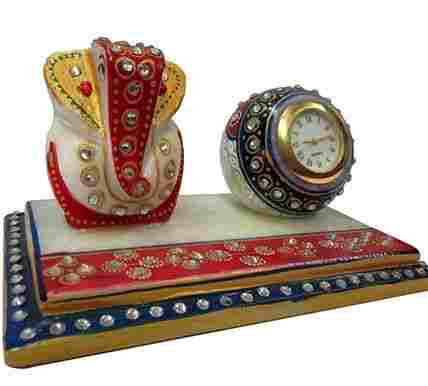 Decorative Marble Handicrafted Ganesh and Clock