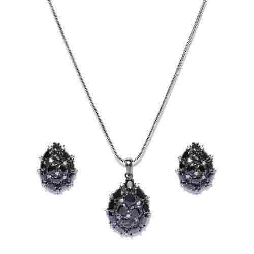 Silver Toned And Black Ad Stone Studded Pendant Set