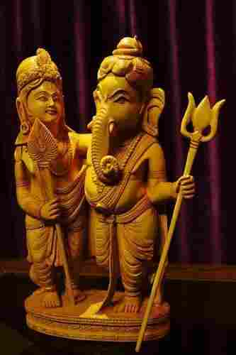 Wooden Ganesh Kartikeya Statue