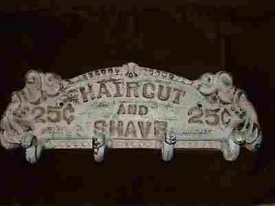 Cast Iron Haircut And Shave 4 Hooks Towel Coat Key Hat Rack Hanger White Wash