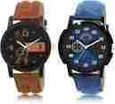 Mens Wrist Leather Watches with Brown And Sky Blue Straps