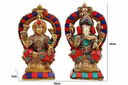 Brass Figurine Lakshmi Ganesha Set With Stonework