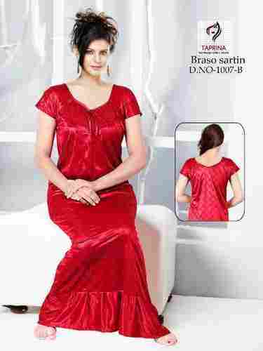 Ladies Red Satin Printed Nighty