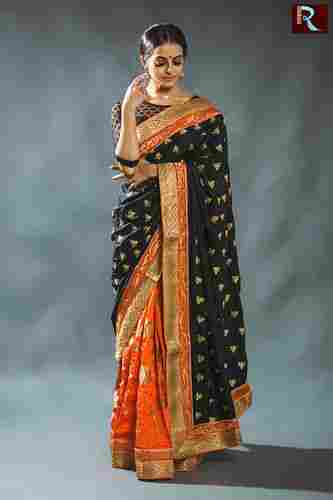 Black And Orange Combination Designer Ladies Saree