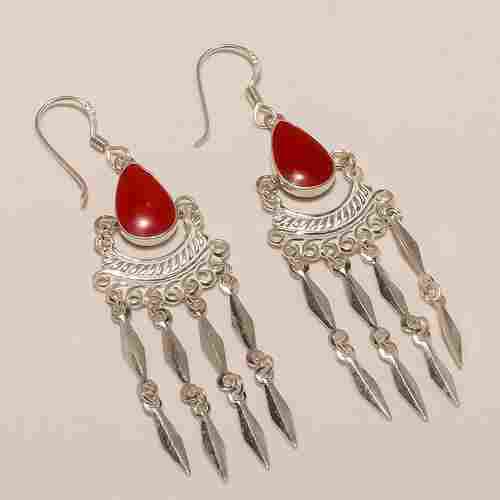 Solid Sterling Silver Coral Gemstone Earring