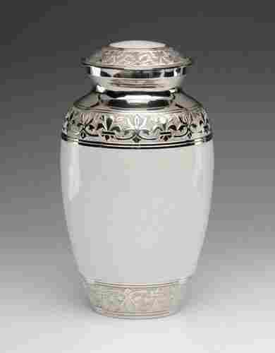 Brass Embossed Ash Cremation Urn White Enamel/Silver Antique