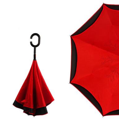 Red Creative Design Windproof Two Layer Inverted C Shape Handle Umbrella
