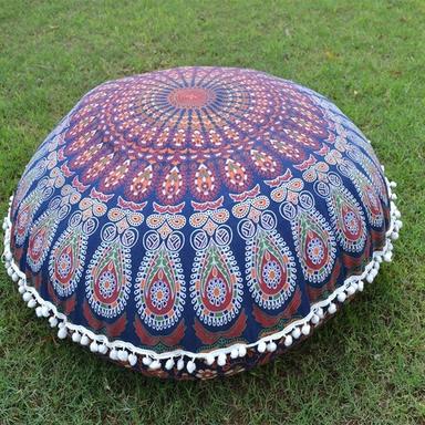 Blue Indian Cotton Ottoman Handmade Mandala Peacock Round Floor Cushion Cover