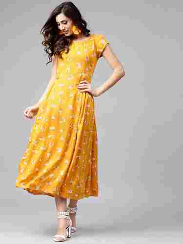 Mustard Women Yellow Printed Midi A-Line Dress