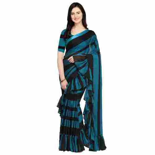 Tikhi Imli Striped Fashion Poly Crepe Saree (Light Blue, Black)