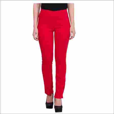 R4U Slim Fit Printed Red Cotton Lycra Trouser For Women