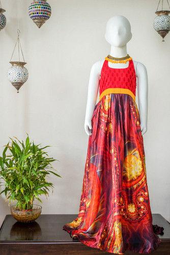 Multi Color Silk Halter Floor Length Gown