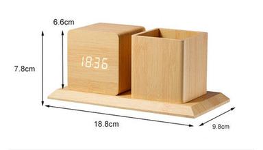 Brown Cube Led Digital Alarm Clock Square Modern Wood Clock 