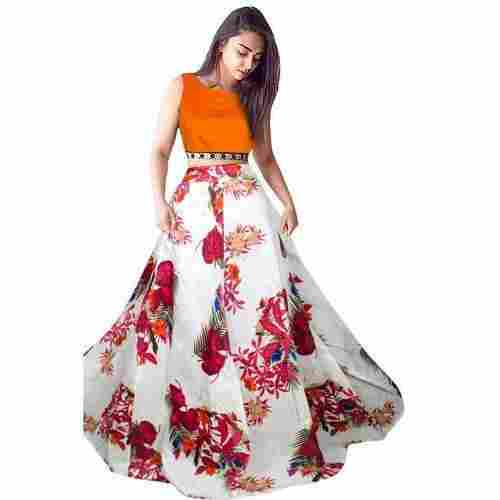 Ladies Silk Orange Printed Designer Lehenga