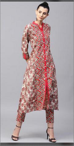 Brown And Red Women Printed Kurta With Trousers