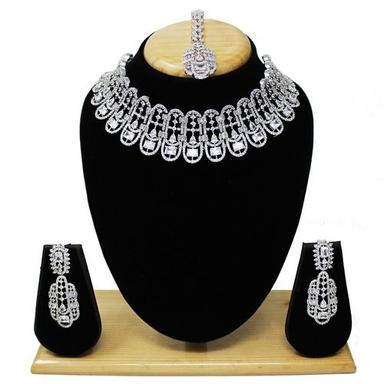 American Diamond Silver Plated Choker Necklace Set (Ad) Weight: 180 Grams (G)