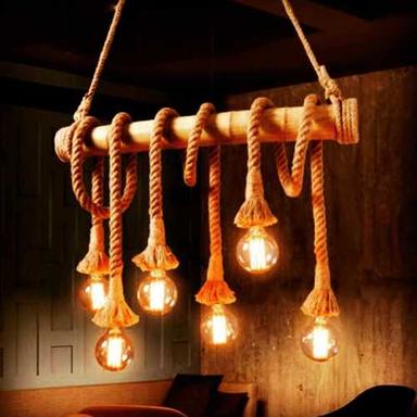 Brown Bamboo Rope Hanging With Six Bulb Holders