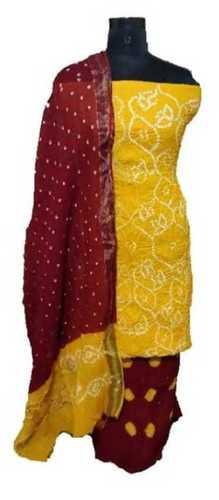 Red And Yellow Bandhani Semi Stitched Suit