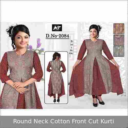 Round Neck Cotton Front Cut Kurti