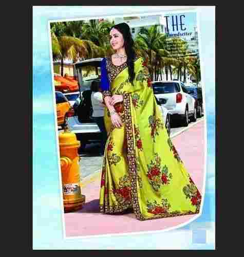 Party Wear Satin Chiffon Printed Saree (With Blouse Piece)