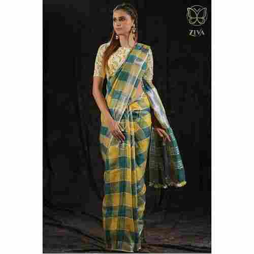 Dyed Yarn Woven Checkered Linen Saree