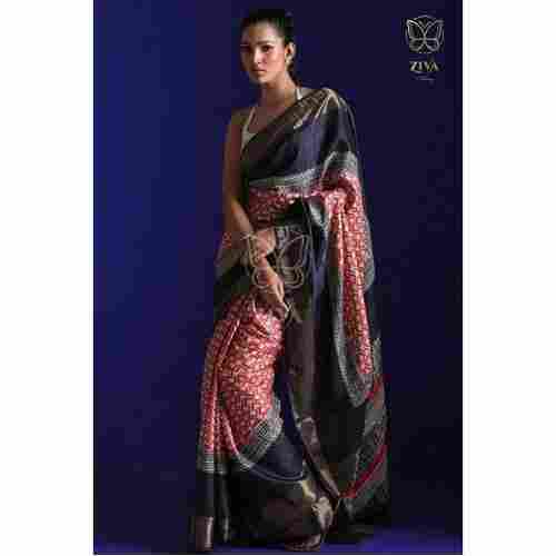 Hand Woven and Hand Block Printed Designer Handwoven Tussar Silk Saree