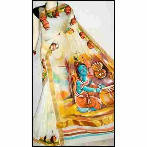 Bengal Handloom Hand Painted Cotton Saree in Bal Gopal